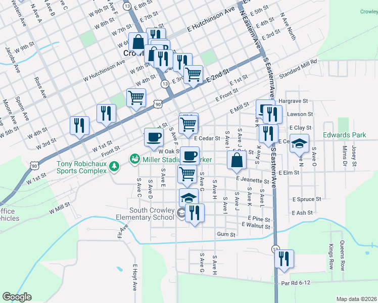 map of restaurants, bars, coffee shops, grocery stores, and more near 101-199 East Oak Street in Crowley
