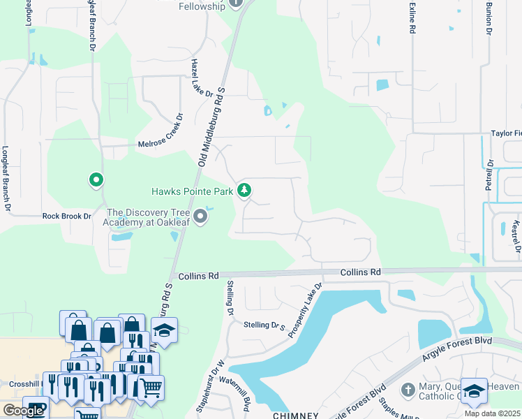 map of restaurants, bars, coffee shops, grocery stores, and more near 9240 Hawks Point Drive in Jacksonville