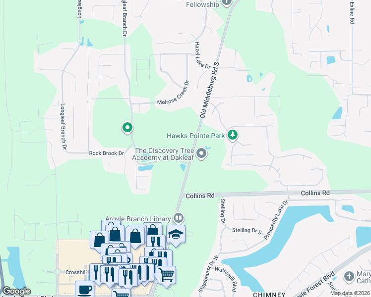 map of restaurants, bars, coffee shops, grocery stores, and more near 7602 Buck Hills Court in Jacksonville