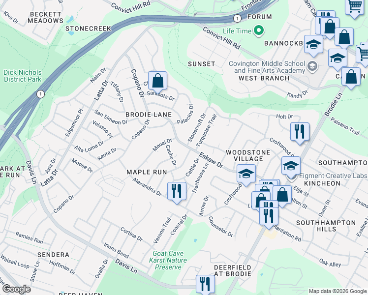 map of restaurants, bars, coffee shops, grocery stores, and more near 4111 Eskew Drive in Austin