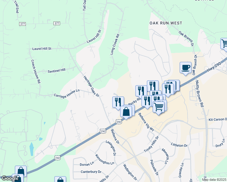 map of restaurants, bars, coffee shops, grocery stores, and more near 41 Long Creek Road in Austin