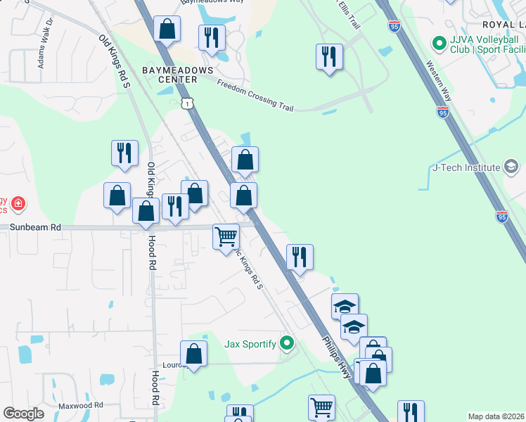 map of restaurants, bars, coffee shops, grocery stores, and more near 8843 Philips Highway in Jacksonville