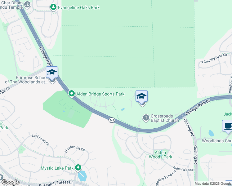 map of restaurants, bars, coffee shops, grocery stores, and more near 110 East Stedhill Loop in The Woodlands