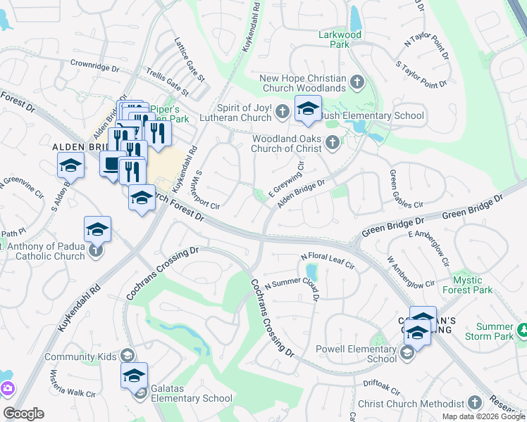 map of restaurants, bars, coffee shops, grocery stores, and more near 26 South Greywing Place in Spring