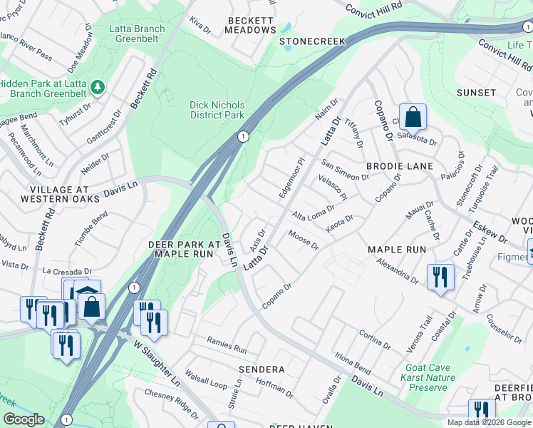 map of restaurants, bars, coffee shops, grocery stores, and more near 8404 Axis Drive in Austin