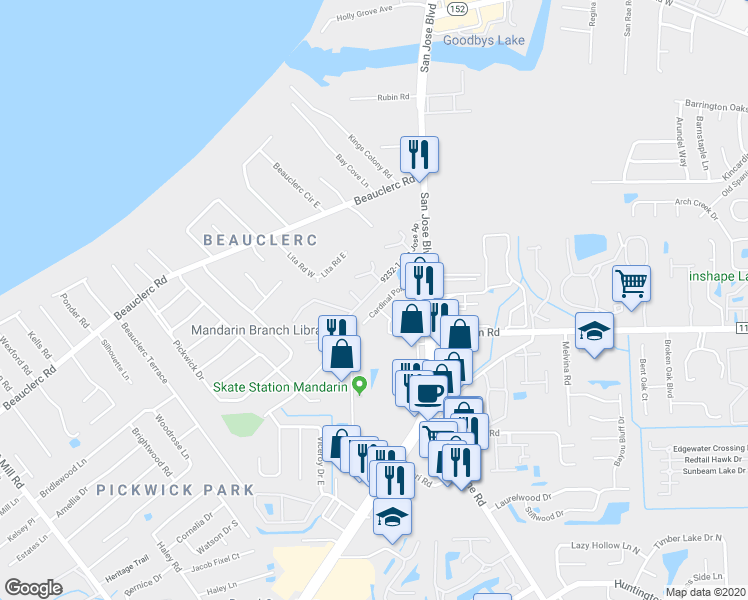 map of restaurants, bars, coffee shops, grocery stores, and more near 3595 Cardinal Point Drive in Jacksonville