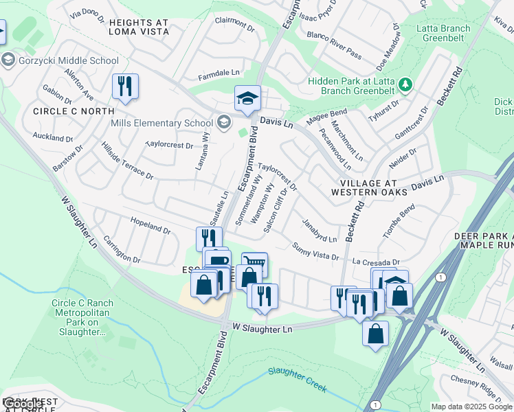 map of restaurants, bars, coffee shops, grocery stores, and more near 9102 Wampton Way in Austin