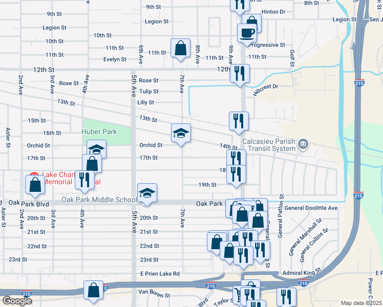 map of restaurants, bars, coffee shops, grocery stores, and more near 2501 7th Avenue in Lake Charles