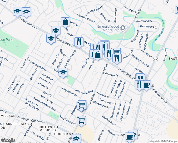 map of restaurants, bars, coffee shops, grocery stores, and more near 5711 Nancy Drive in Austin