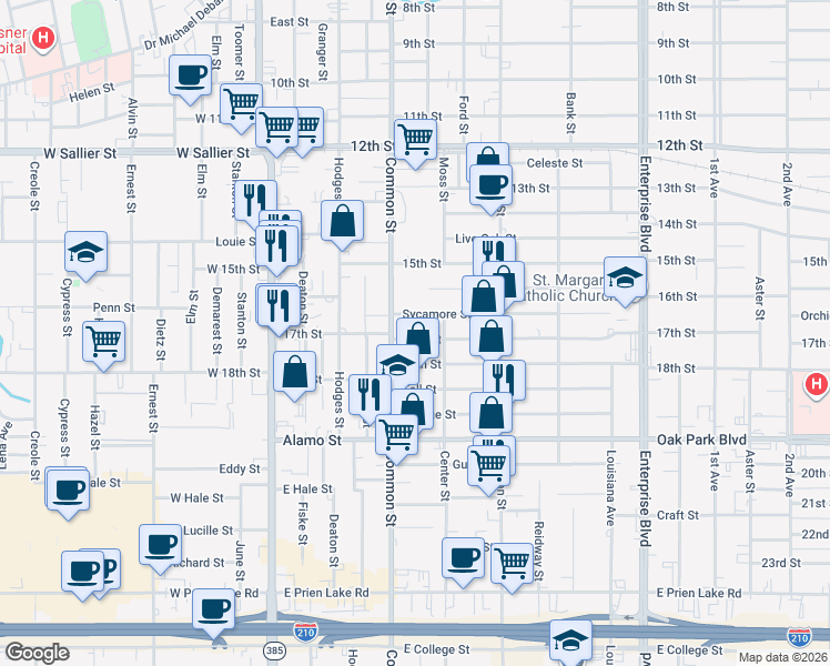 map of restaurants, bars, coffee shops, grocery stores, and more near 611 1/2 17th Street in Lake Charles