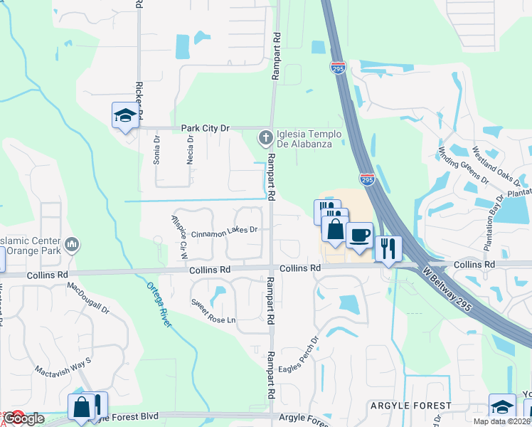 map of restaurants, bars, coffee shops, grocery stores, and more near 7753 Pepper Circle East in Jacksonville