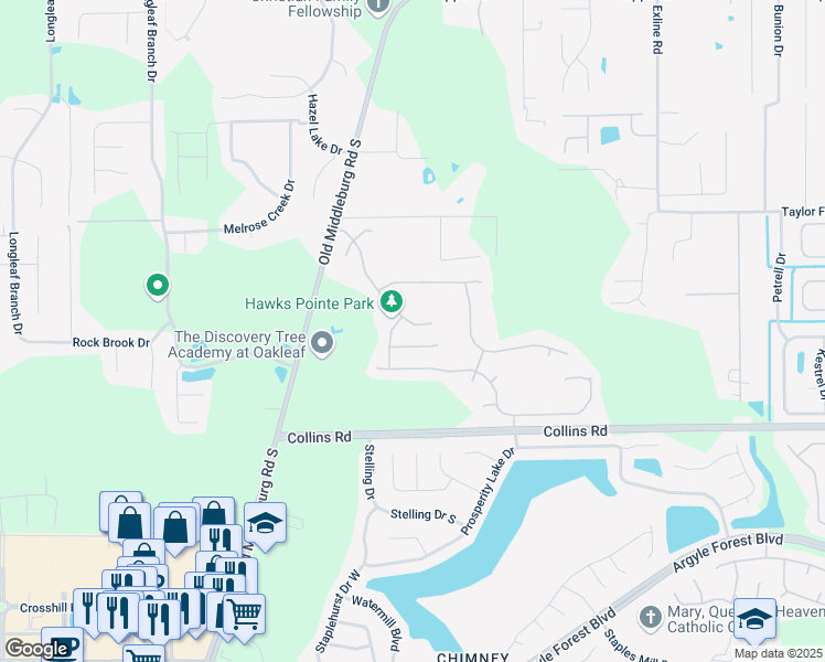 map of restaurants, bars, coffee shops, grocery stores, and more near 9240 Hawks Point Drive in Jacksonville