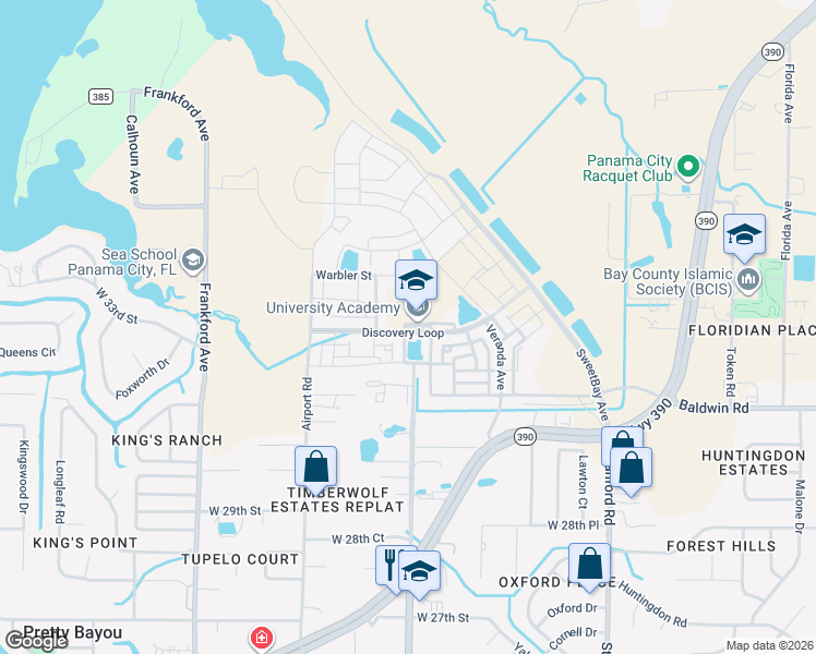 map of restaurants, bars, coffee shops, grocery stores, and more near 34 Airport Drive in Panama City