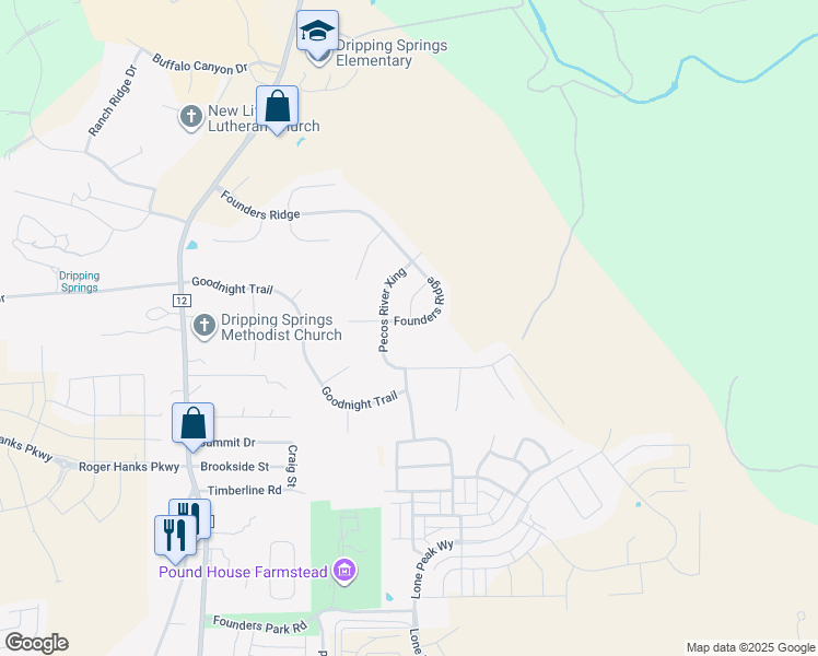 map of restaurants, bars, coffee shops, grocery stores, and more near 853 Founders Ridge in Dripping Springs