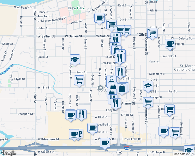 map of restaurants, bars, coffee shops, grocery stores, and more near 2512 Elms St in Lake Charles