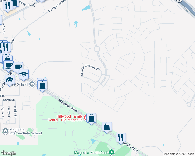 map of restaurants, bars, coffee shops, grocery stores, and more near 107 Piney Pathway in Magnolia