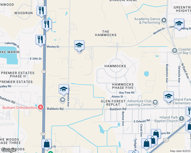 map of restaurants, bars, coffee shops, grocery stores, and more near 3450 Cherry Ridge Road in Lynn Haven