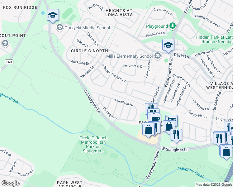 map of restaurants, bars, coffee shops, grocery stores, and more near 9408 La Puente Drive in Austin