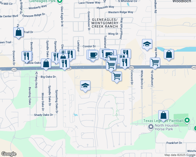 map of restaurants, bars, coffee shops, grocery stores, and more near 17116 Harper's Trace in Conroe