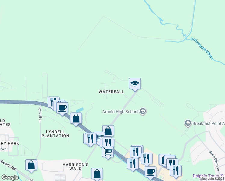 map of restaurants, bars, coffee shops, grocery stores, and more near 109 Angel Falls Lane in Panama City Beach