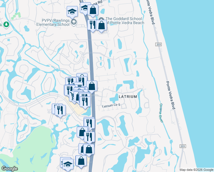 map of restaurants, bars, coffee shops, grocery stores, and more near 2435 Burgundy Court in Ponte Vedra Beach