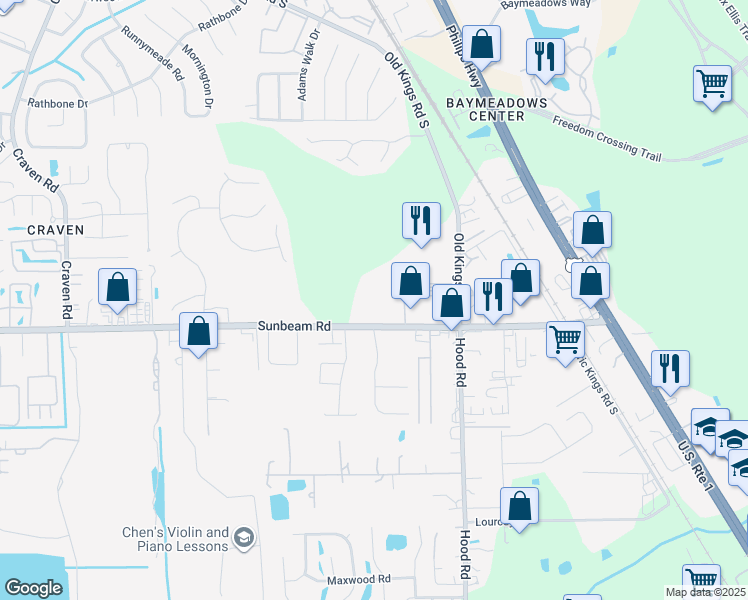 map of restaurants, bars, coffee shops, grocery stores, and more near 4901 Sunbeam Road in Jacksonville