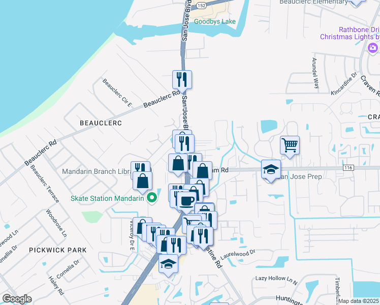 map of restaurants, bars, coffee shops, grocery stores, and more near 3810 Williamsburg Park Boulevard in Jacksonville
