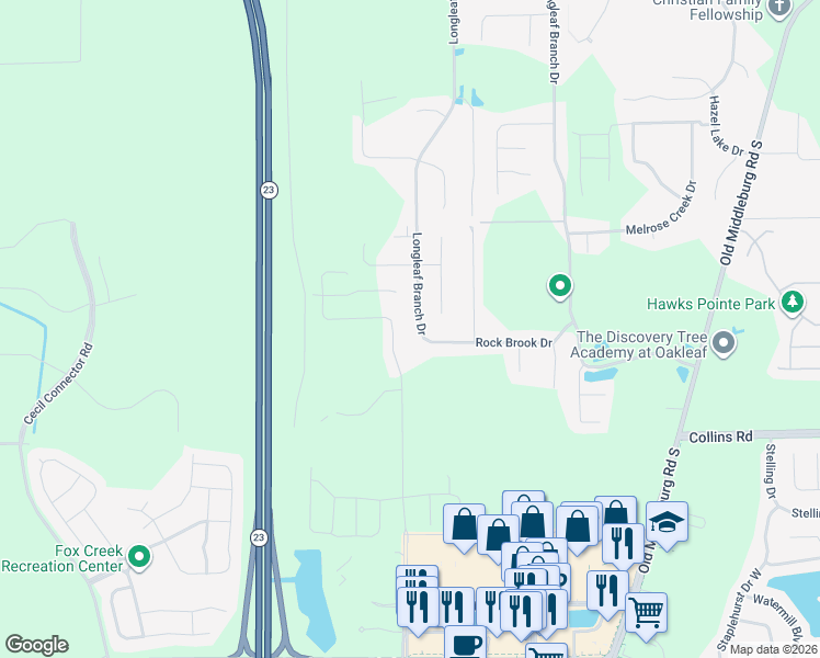 map of restaurants, bars, coffee shops, grocery stores, and more near 6311 Longleaf Branch Drive in Jacksonville