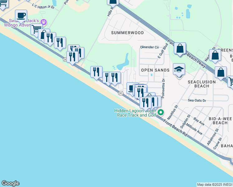map of restaurants, bars, coffee shops, grocery stores, and more near 14929 Front Beach Road in Panama City