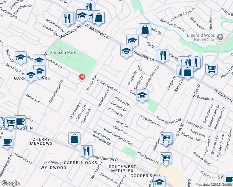 map of restaurants, bars, coffee shops, grocery stores, and more near 1209 Turtle Creek Boulevard in Austin