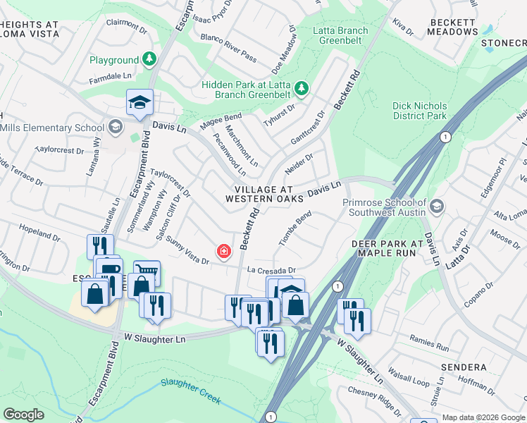 map of restaurants, bars, coffee shops, grocery stores, and more near 5700 Lomita Verde Circle in Austin