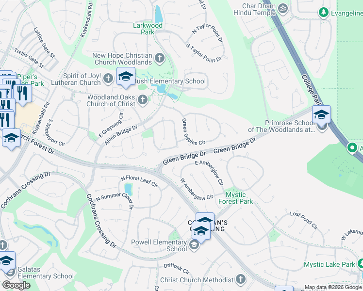 map of restaurants, bars, coffee shops, grocery stores, and more near 195 Bristol Bend Circle in Spring