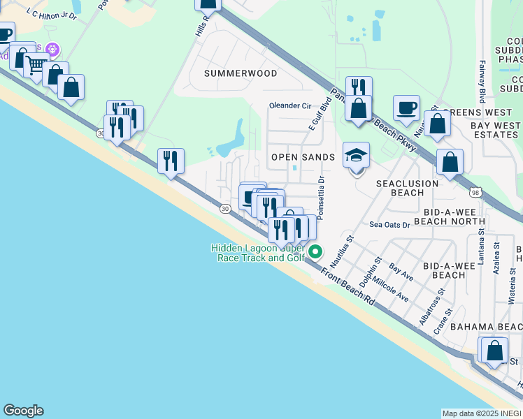 map of restaurants, bars, coffee shops, grocery stores, and more near 14700 Front Beach Road in Panama City Beach