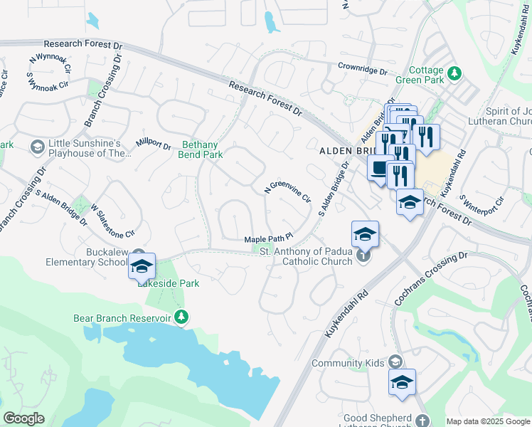 map of restaurants, bars, coffee shops, grocery stores, and more near 27 Greenvine Circle in The Woodlands