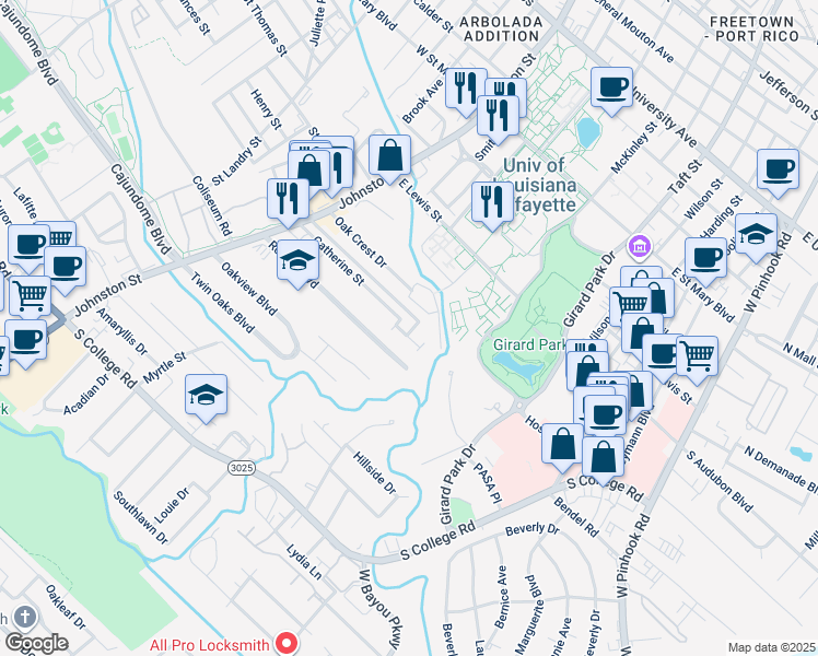 map of restaurants, bars, coffee shops, grocery stores, and more near 104 Lepont Street in Lafayette