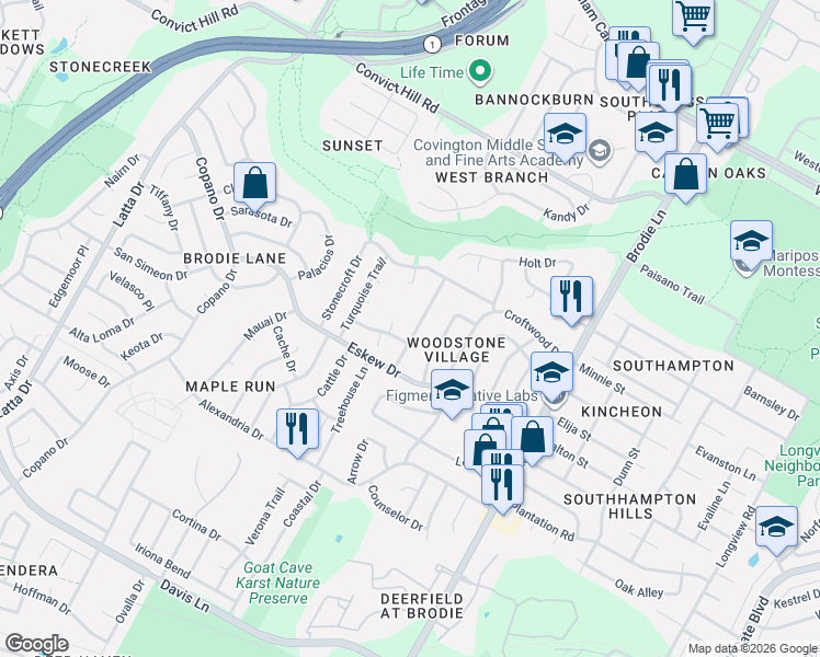 map of restaurants, bars, coffee shops, grocery stores, and more near 7810 Wakefield Drive in Austin