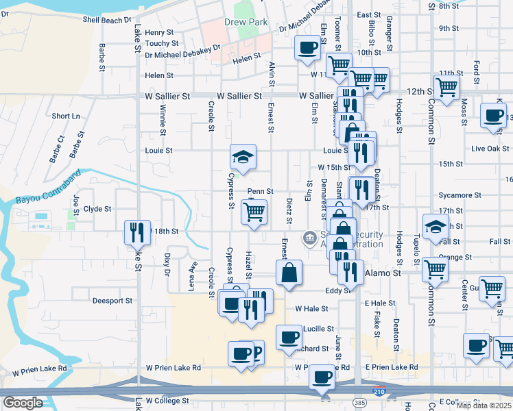 map of restaurants, bars, coffee shops, grocery stores, and more near 2517 Hazel St in Lake Charles