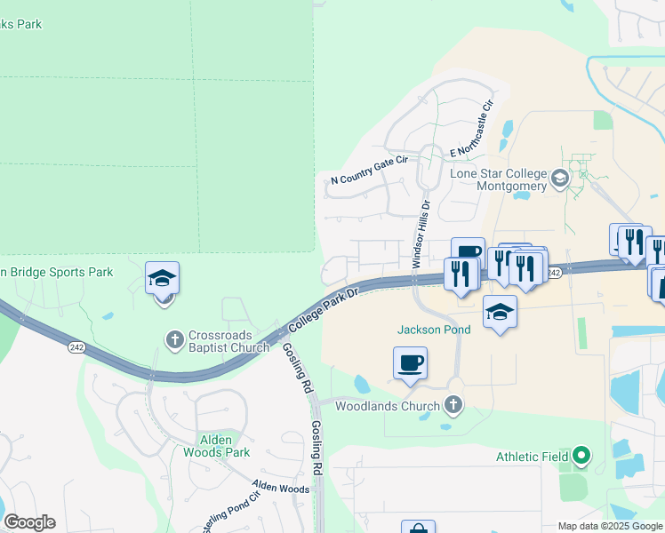 map of restaurants, bars, coffee shops, grocery stores, and more near 3720 College Park Drive in Conroe
