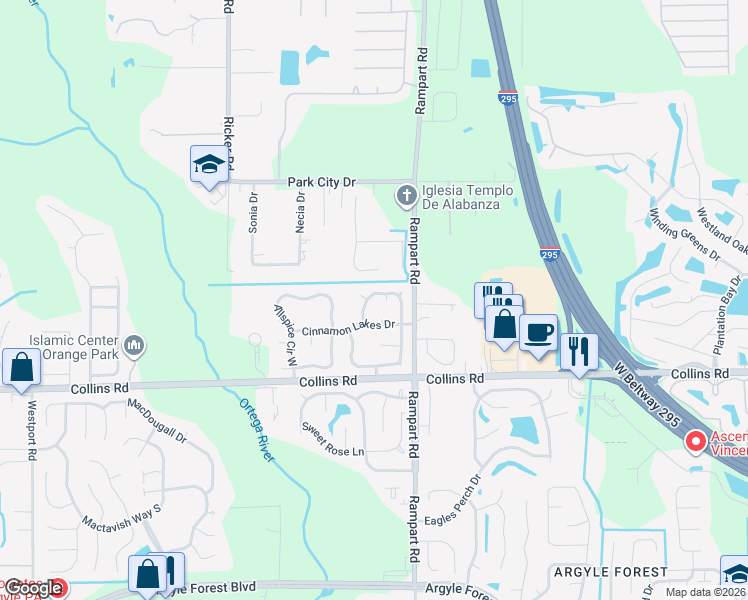 map of restaurants, bars, coffee shops, grocery stores, and more near 7713 Pepper Circle West in Jacksonville