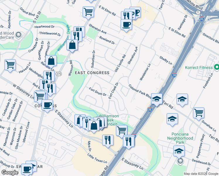 map of restaurants, bars, coffee shops, grocery stores, and more near 610 Old Stone Rd in Austin