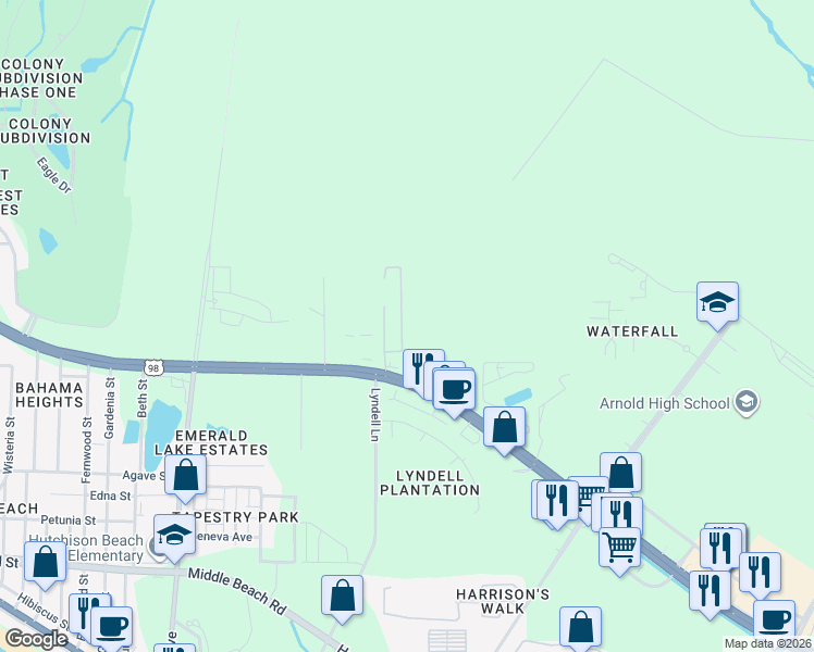map of restaurants, bars, coffee shops, grocery stores, and more near 906 Pelican Place in Panama City Beach