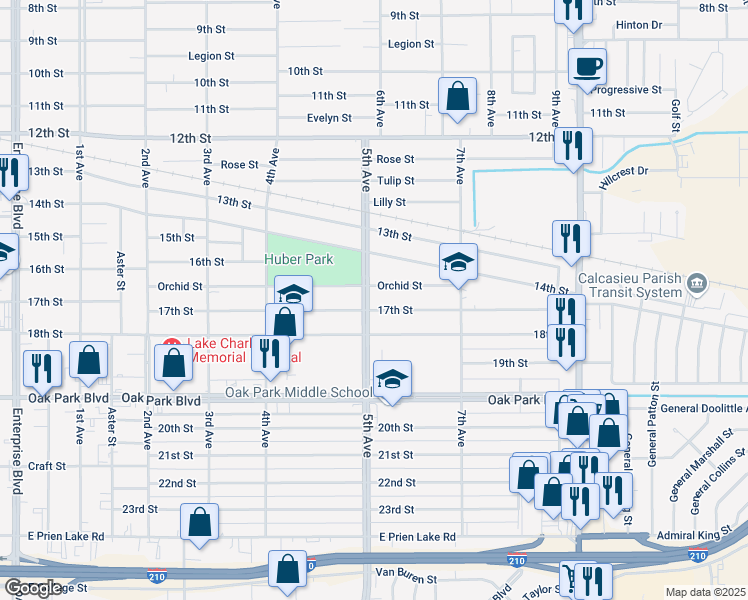 map of restaurants, bars, coffee shops, grocery stores, and more near 2511 5th Avenue in Lake Charles