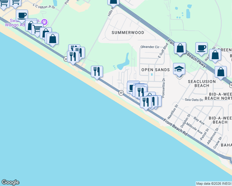 map of restaurants, bars, coffee shops, grocery stores, and more near 14929 Front Beach Road in Panama City