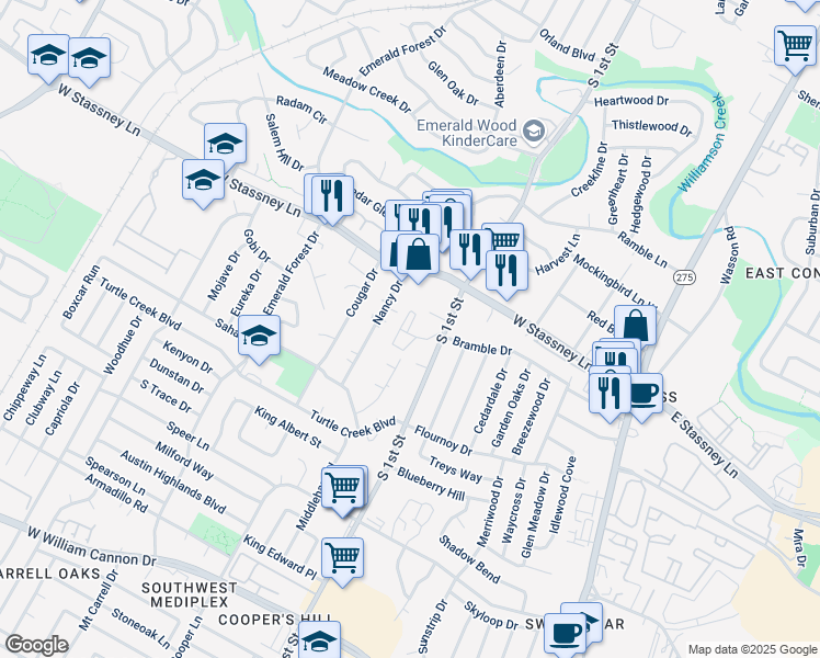 map of restaurants, bars, coffee shops, grocery stores, and more near 45 Creekside Circle in Austin
