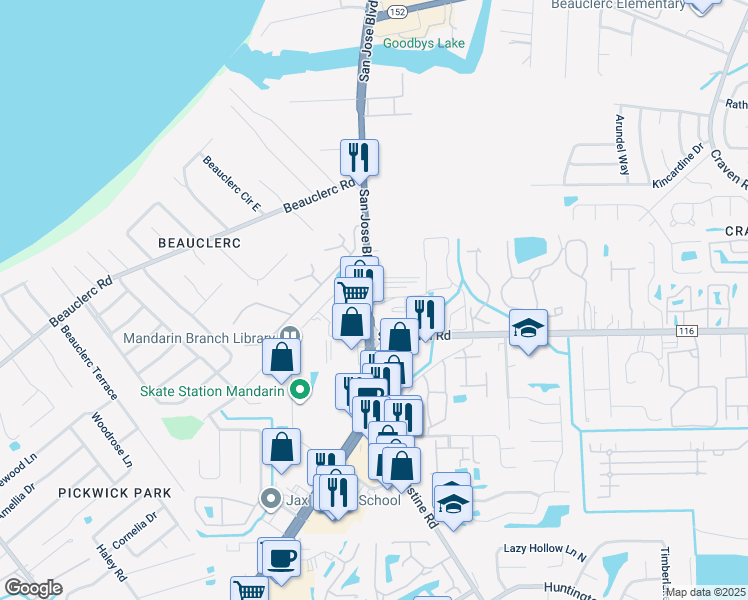 map of restaurants, bars, coffee shops, grocery stores, and more near 3810 Williamsburg Park Boulevard in Jacksonville