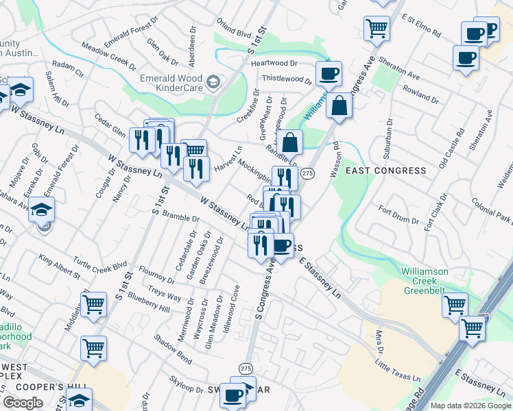 map of restaurants, bars, coffee shops, grocery stores, and more near 205 Red Bird Lane in Austin