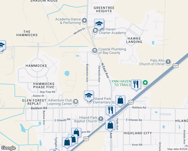 map of restaurants, bars, coffee shops, grocery stores, and more near 2510 Sarasota Place in Panama City