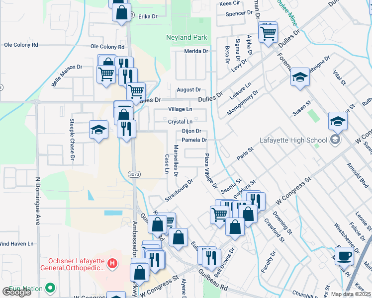 map of restaurants, bars, coffee shops, grocery stores, and more near 301 Toulouse Drive in Lafayette