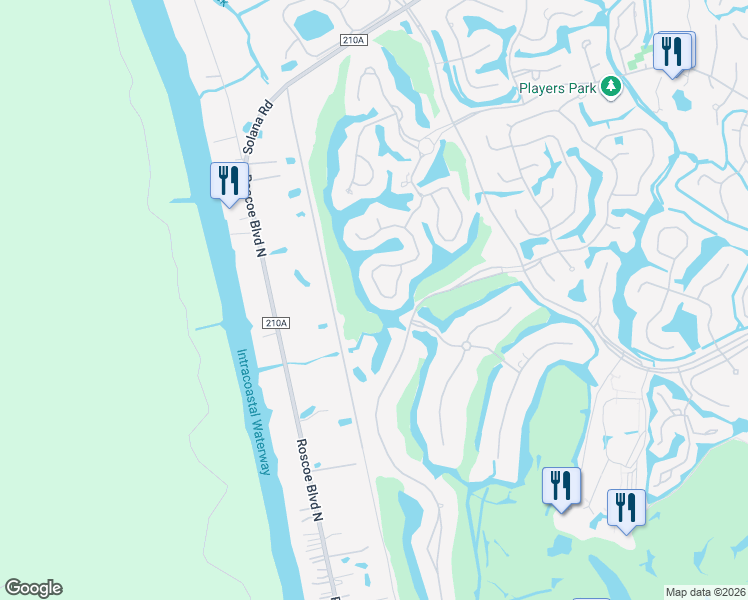 map of restaurants, bars, coffee shops, grocery stores, and more near 305 Water's Edge Drive North in Palm Valley