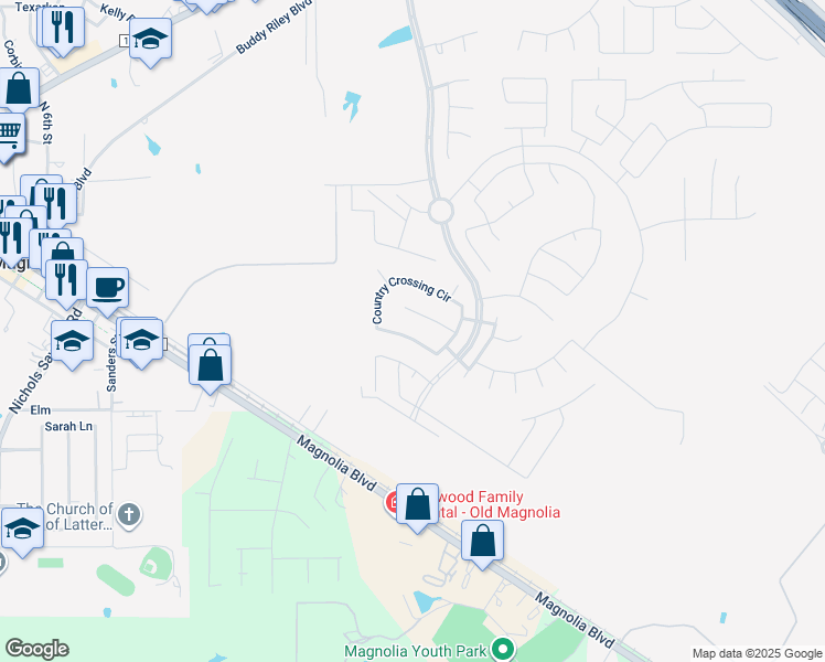 map of restaurants, bars, coffee shops, grocery stores, and more near 289 Country Crossing Circle in Magnolia